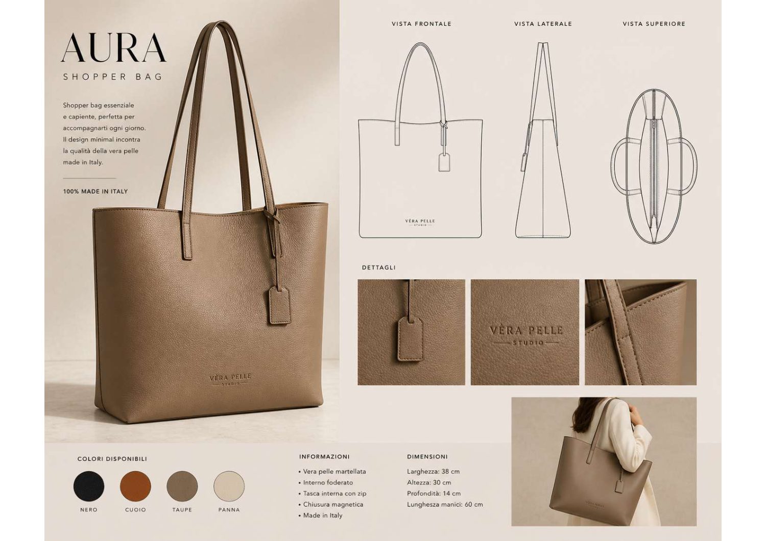 Scheda prodotto della shopper, con viste tecniche