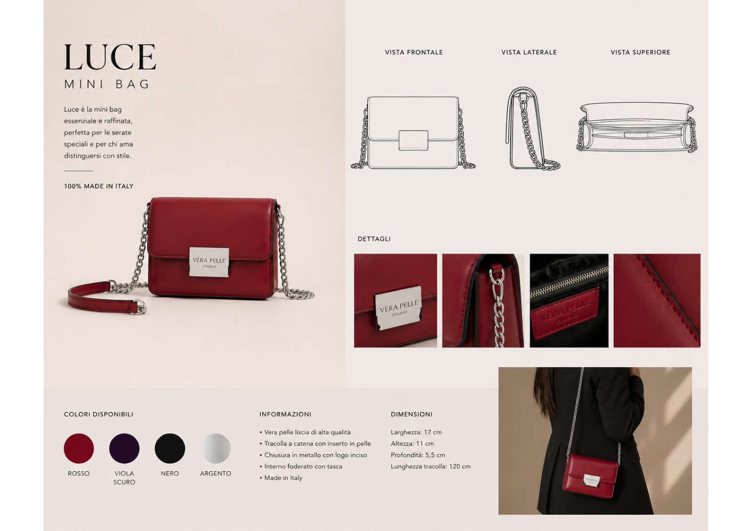 Scheda prodotto della mini bag, con varianti colore
