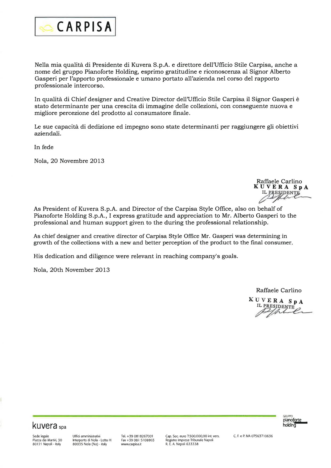 Lettera di referenze — Carpisa, pagina 1