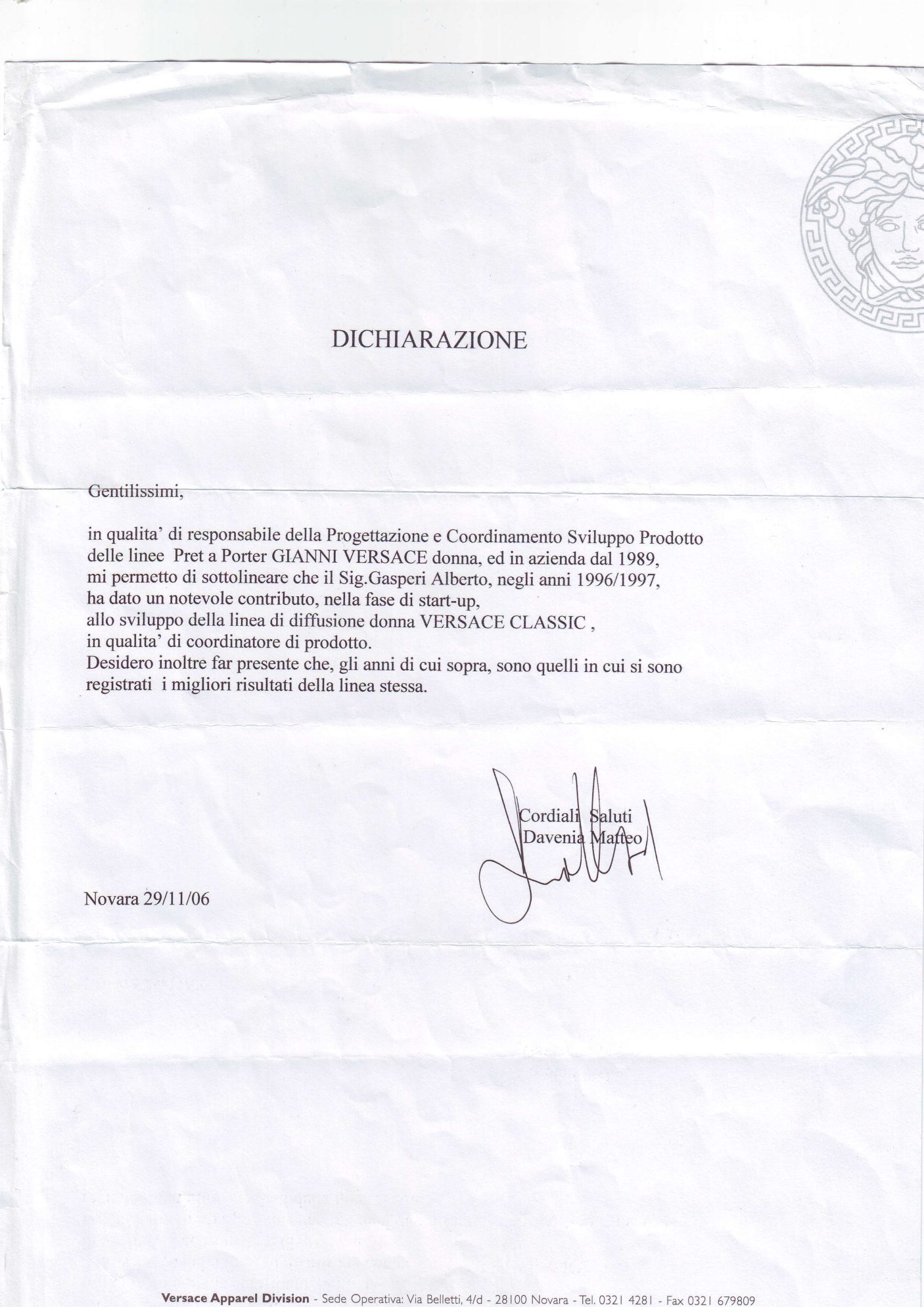 Lettera di referenze — Gianni Versace, pagina 1